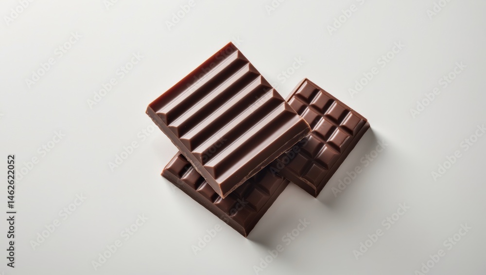 Three milk chocolate squares on a white backdrop. Overhead perspective Three milk chocolate squares on a white backdrop. Overhead perspective