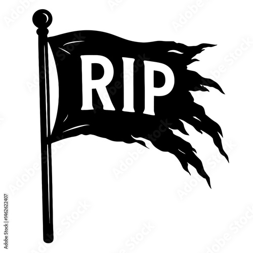 The Flag of Farewell: An Illustration Depicting a Ripped and Tattered Flag on a Pole, Marked With "RIP," Symbolizing the End, Defeat, or the Rest In Peace for a Cause or Entity