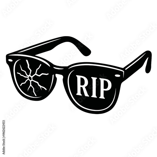 Farewell to These Shades: An Illustration Depicting a Pair of Broken Sunglasses with a Starburst Cracked Lens and "RIP" Marked on the Other, Symbolizing the End of Eyewear or a Stylish