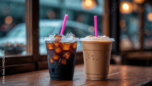 Two plastic takeaway cups containing iced black coffee and iced coffee placed on a wooden table in a cafe