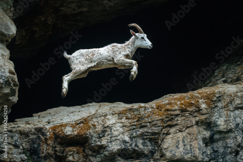 Goat gracefully leaps off a rock, mid-air above a cave entrance.