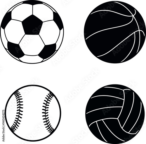 Classic black and white soccer basketball baseball and volleyball balls set vector illustration 