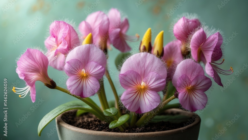 Obraz premium Detailed view of pink flowers from a potted plant in macro