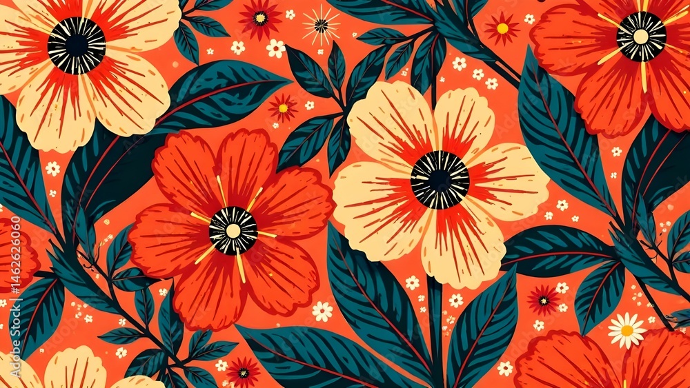 Vibrant floral pattern featuring red and yellow flowers on a bold orange background with green leaves Vibrant floral pattern featuring red and yellow flowers on a bold orange background with green leaves