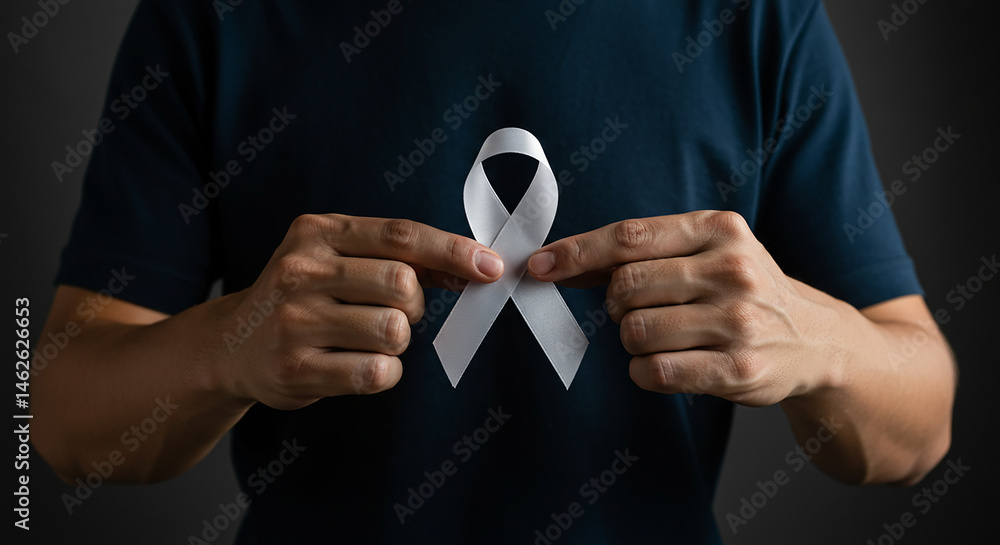 Fototapeta premium Person holding a white ribbon against a dark blue shirt in a show of support and awareness cause real estate business ,technology ,selling ,purchasing ,agreement