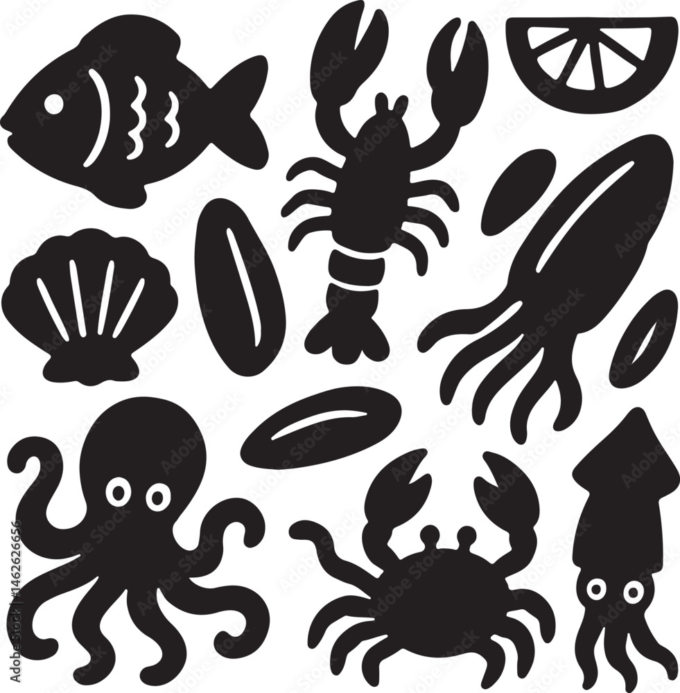 Naklejka premium hand drawn seafoods bold icon silhouette collection vector illustration 