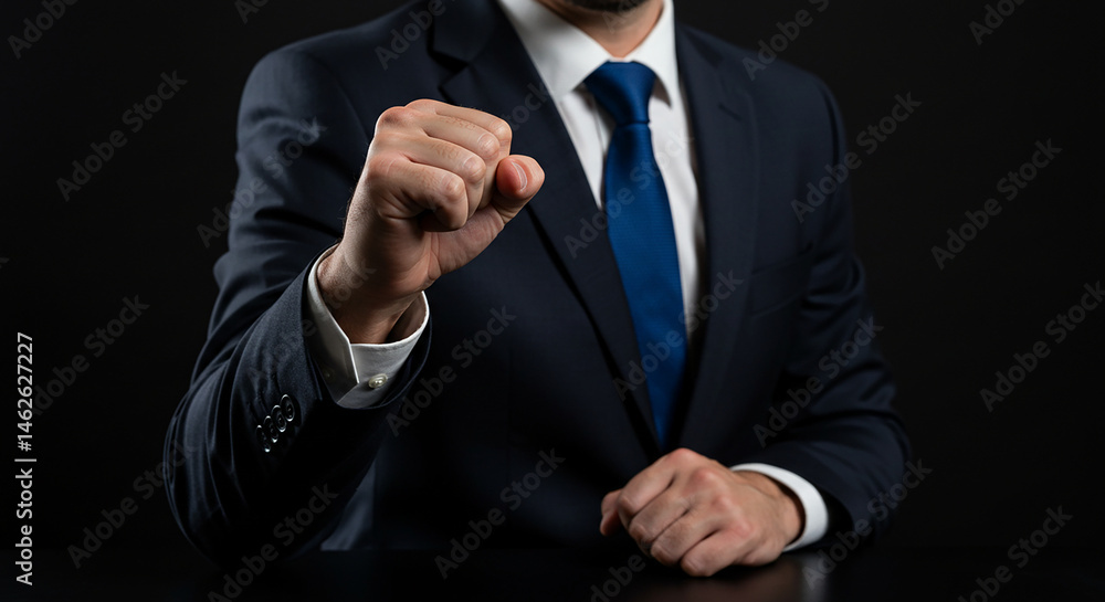 Man in suit with blue tie raising a clenched fist in a gesture of power and determination on black background real estate business ,technology ,selling ,purchasing ,agreement Man in suit with blue tie raising a clenched fist in a gesture of power and determination on black background real estate business ,technology ,selling ,purchasing ,agreement