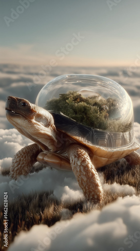 A toad with a transparent house full of plants