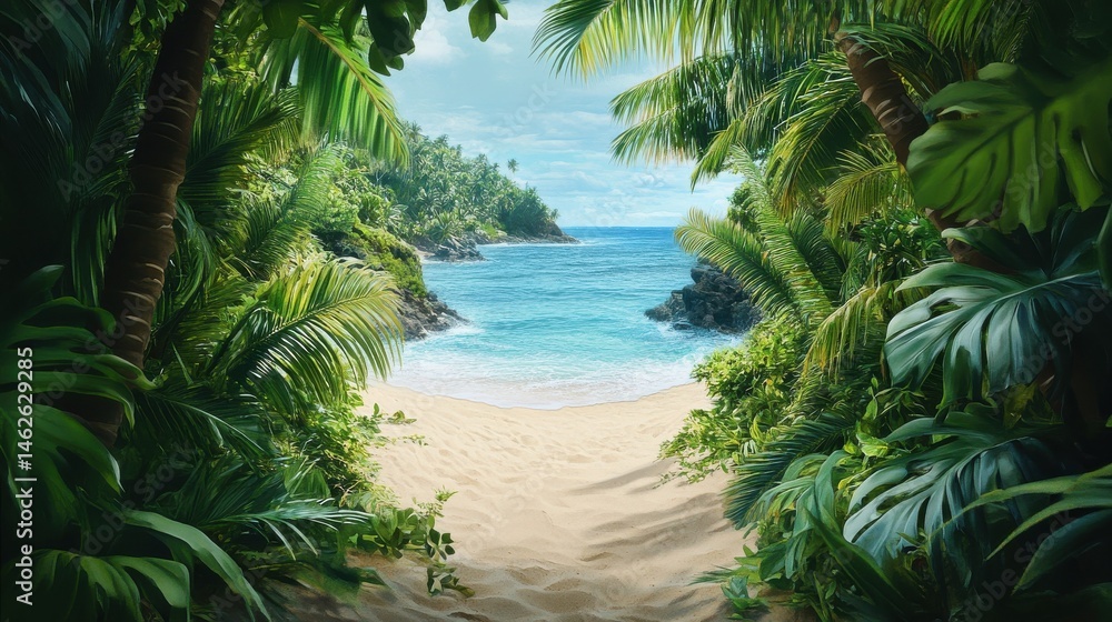Fototapeta premium View of the sandy beach and blue ocean through the green leaves of palm trees and tropical plants
