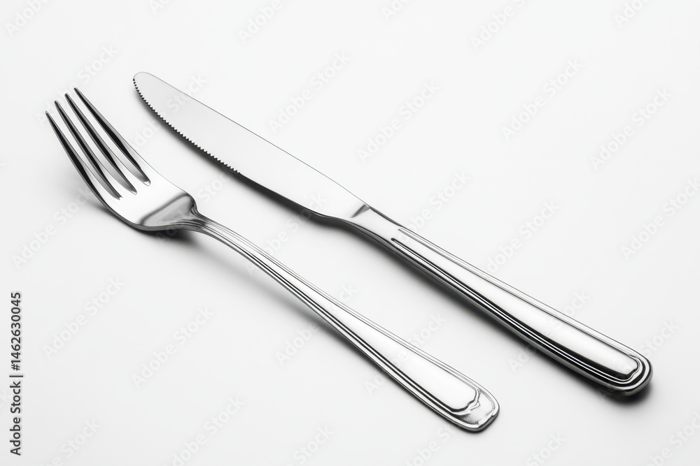 Knife and fork on white surface with crumbs. Knife and fork on white surface with crumbs.