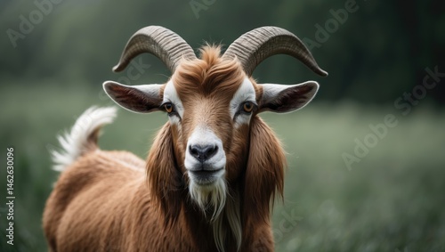 Portrait of a domestic male goat with long hair in a green outdoor environment