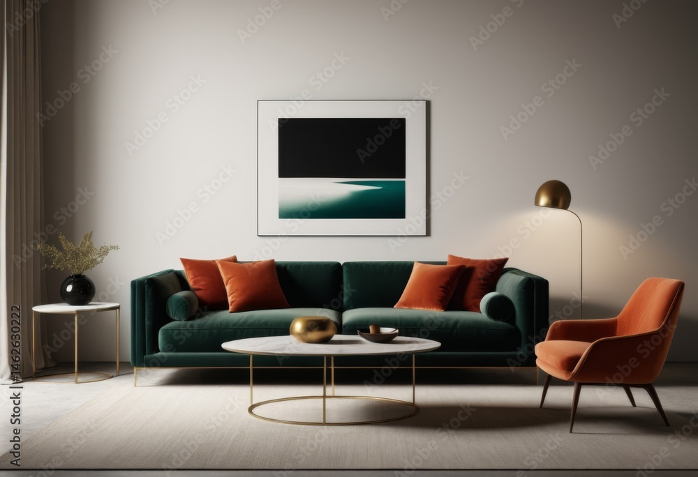 In the living room there is a green sofa and two orange chairs In the living room there is a green sofa and two orange chairs