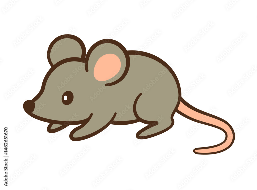 Fototapeta premium Cute cartoon gray mouse. Hand drawn Flat style isolated icon for children’s content, greeting cards, stickers, tshirts, poster. Forest and domestic animal. Vector illustration