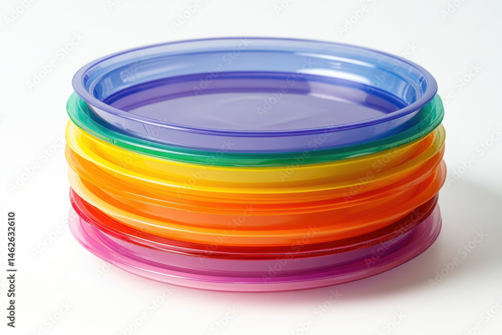 Stack of colorful plastic plates with abstract designs, set against a plain background, creating a vibrant and cheerful display. Stack of colorful plastic plates with abstract designs, set against a plain background, creating a vibrant and cheerful display.