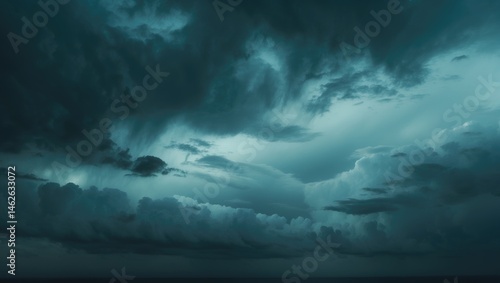 Fototapeta Naklejka Na Ścianę i Meble -  Spooky stormy sky featuring dark teal clouds and lightning. Ominous evening scene.