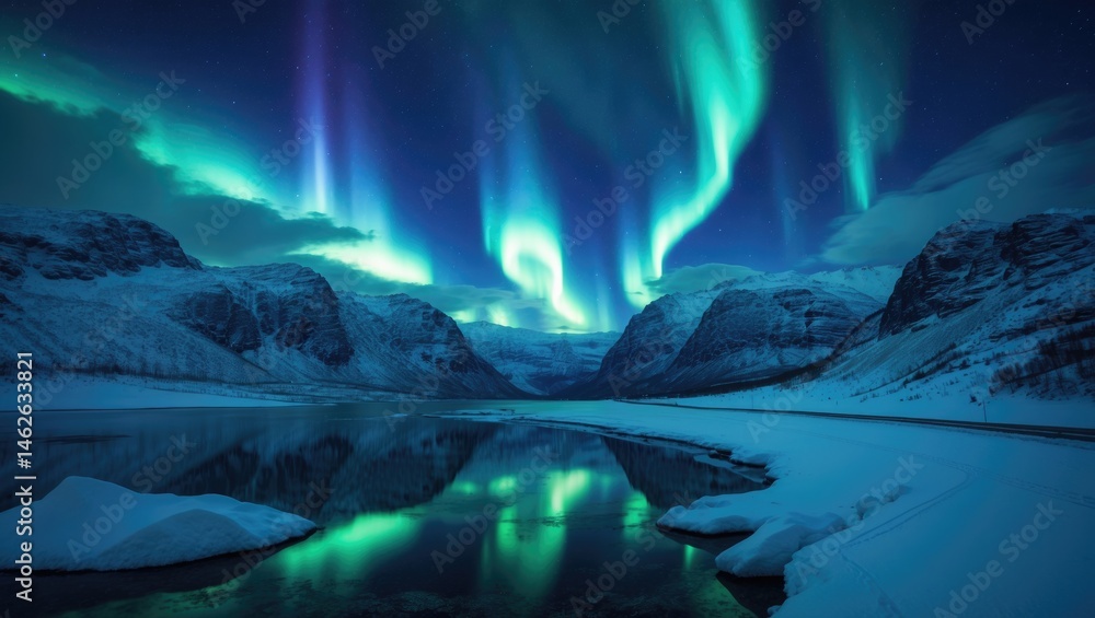 Naklejka premium Winter landscape with polar lights shining over snow-covered mountains, frozen sea, and starry sky, including a road and fjord