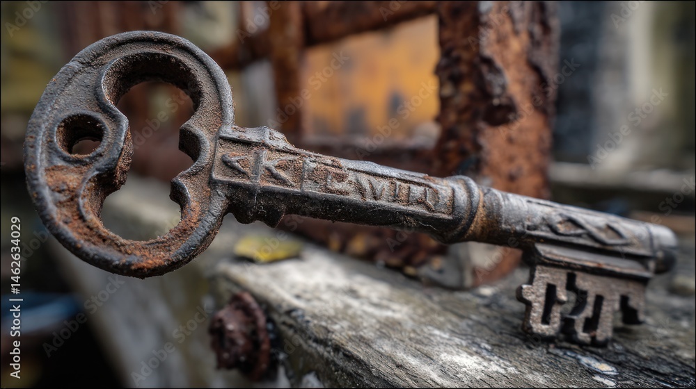 Close-Up of Rusted Ornate Skeleton Key with Ancient Engravings on Weathered Surface Close-Up of Rusted Ornate Skeleton Key with Ancient Engravings on Weathered Surface