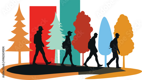A diverse group of people walking together through a scenic forest path, surrounded by colourful trees and clean air, symbolises unity, peace, and environmental awareness.
