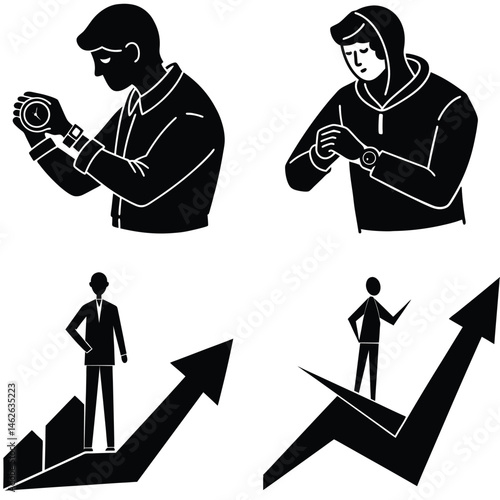Business Time Management And Success Concept Black And White Icons On White Background