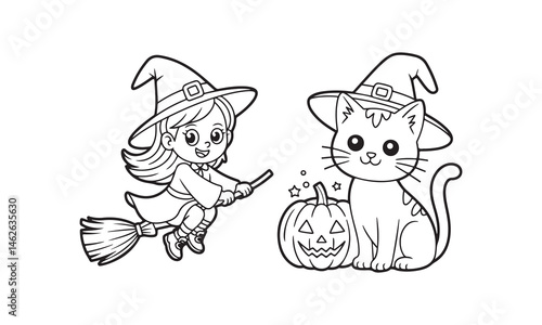 Adorable Halloween Witch and Cat Coloring Page for Kids