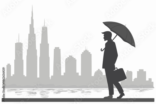 49 black and white photography, double exposure, city skyline, businessman silhouette, umbrella, briefcase, skyscrapers, reflections, foggy atmosphere, urban landscape, ethereal, surreal, minimalist, 