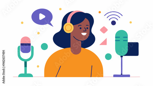 Podcasting Joy A storyteller using a microphone at a podcasting station with sound waves emanating and colorful icons representing different stories appearing around them.