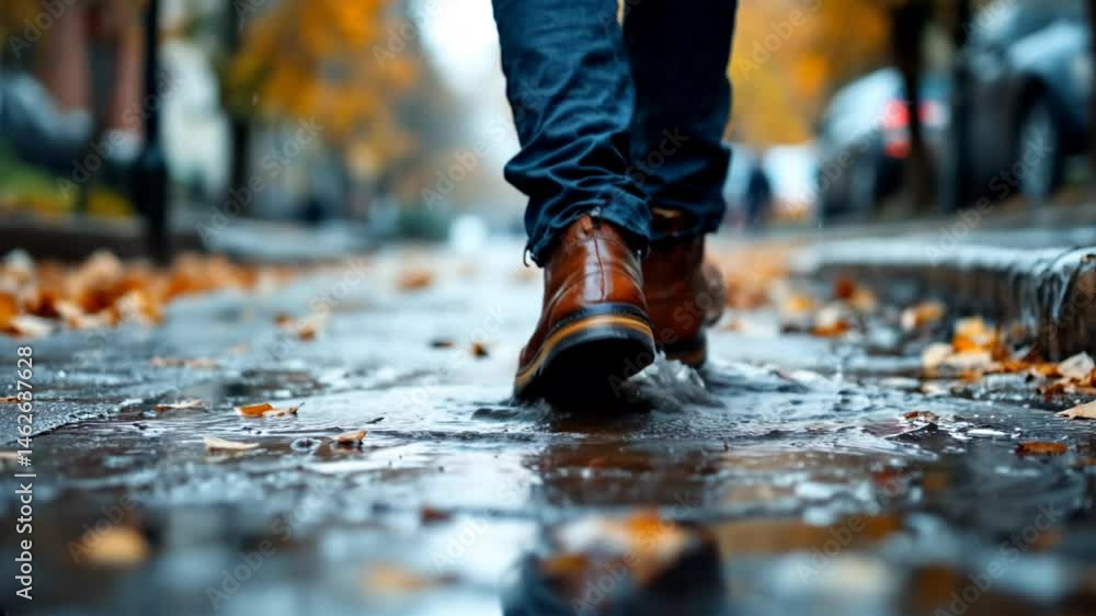 Walking through rain puddle, low angle view of male feet in boots stepping into water on the pavement on a rainy autumn day, slow motion Walking through rain puddle, low angle view of male feet in boots stepping into water on the pavement on a rainy autumn day, slow motion