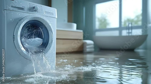 Washing machine flooding bathroom with water damage and leak