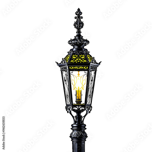  Elegant vintage street lamp casting light on a pathway at dusk, transparent background