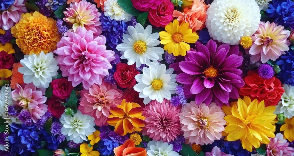 Floral Display with Dahlias, Daisies, Roses, and Delphiniums in Vibrant Colors Floral Display with Dahlias, Daisies, Roses, and Delphiniums in Vibrant Colors