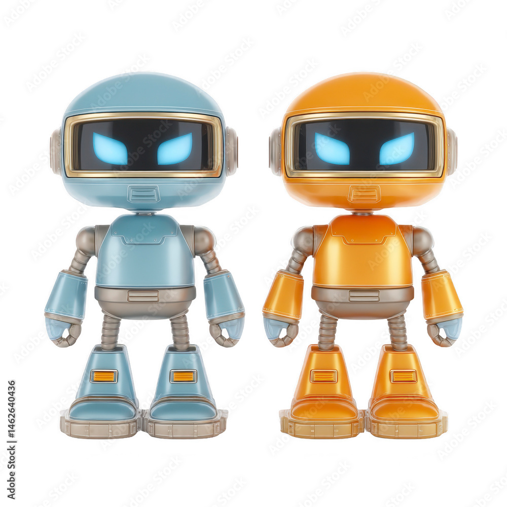 Two cute robots stand side by side, one in blue and other in orange, with glowing eyes and metallic bodies. They have futuristic design, showcasing playful and friendly appearance Two cute robots stand side by side, one in blue and other in orange, with glowing eyes and metallic bodies. They have futuristic design, showcasing playful and friendly appearance