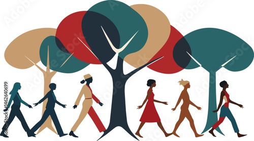 A diverse group of people walking together through a scenic forest path, surrounded by colourful trees and clean air, symbolises unity, peace, and environmental awareness.
