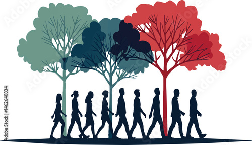 A diverse group of people walking together through a scenic forest path, surrounded by colourful trees and clean air, symbolises unity, peace, and environmental awareness.

