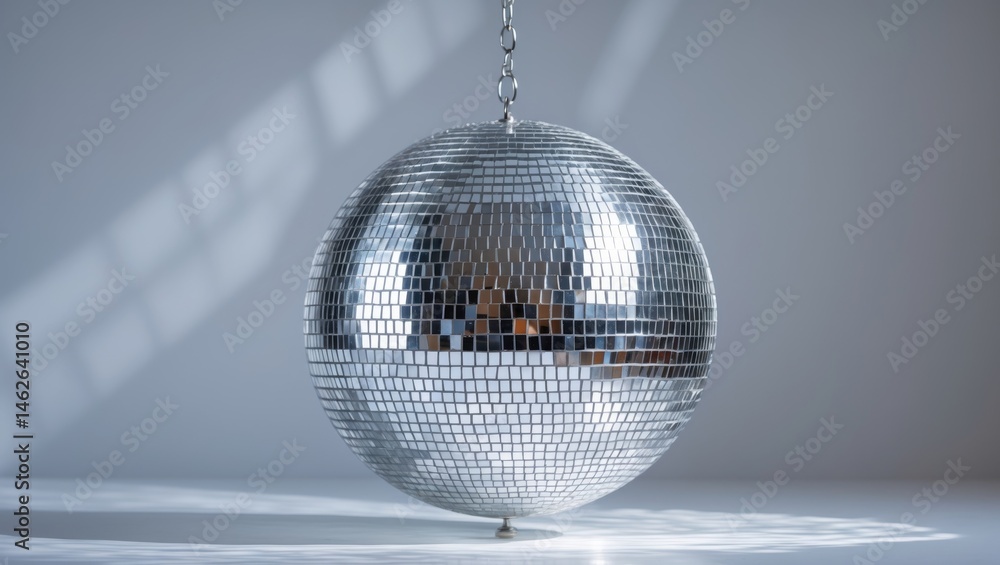 Fototapeta premium Shiny silver disco ball set against a white backdrop