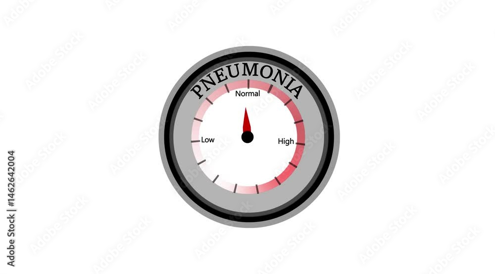 Pneumonia text or word shown with a barometer or tachometer-style gauge, representing varying levels of lung inflammation and infection severity with white background. Pneumonia text or word shown with a barometer or tachometer-style gauge, representing varying levels of lung inflammation and infection severity with white background.