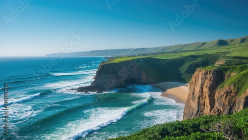 Aerial shot of ocean waves and sandy beach with peninsula scenery