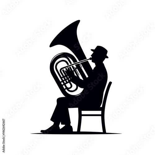 Musician playing tuba against plain backdrop