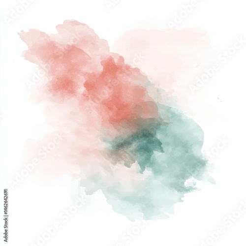 Abstract watercolor splatter in soft peach, teal, and white tones. A delicate, painterly composition of blended colors