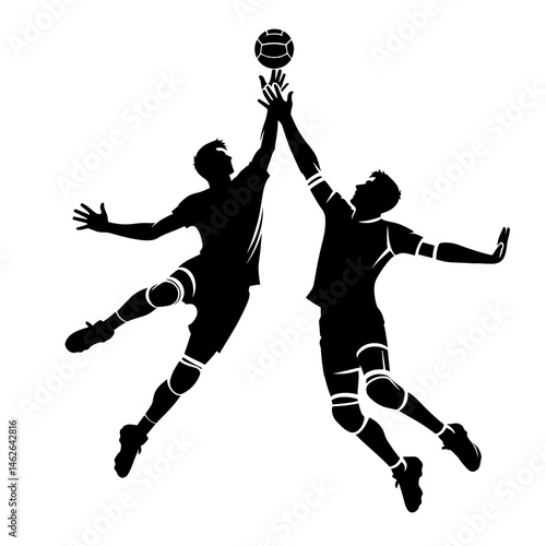 Two football players jumping for ball on white background