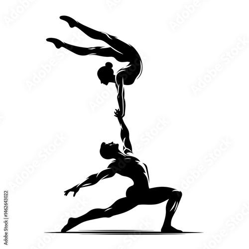Silhouette of gymnasts performing acrobatic lift against white background