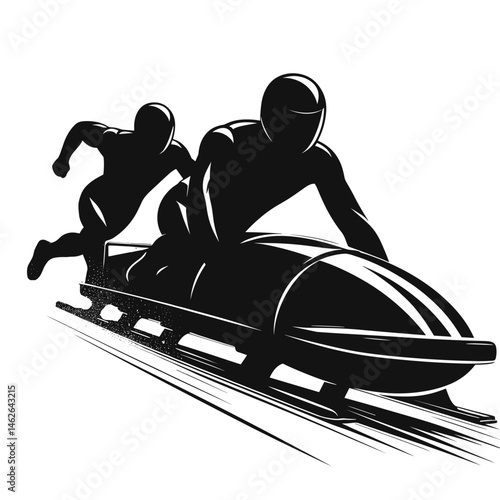 Two athletes competing in bobsled on icy track