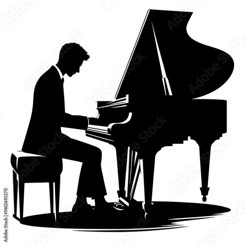 Pianist playing on grand piano in silhouette
