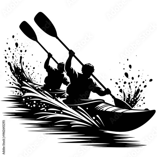 Two people paddling in a kayak on a water background