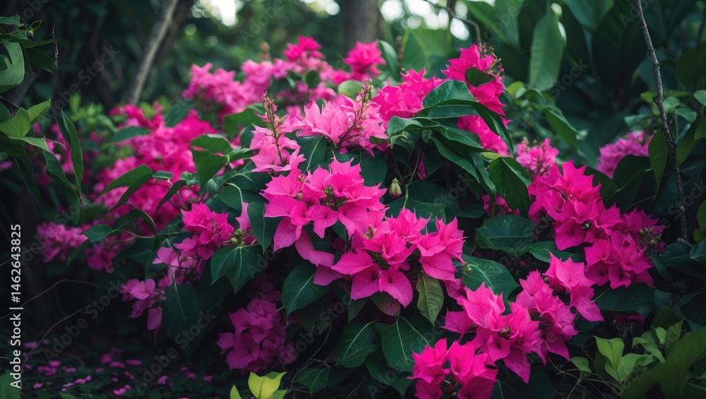 A dense bougainvillea vine bursting with vivid pink flowers and lush green foliage. A dense bougainvillea vine bursting with vivid pink flowers and lush green foliage.