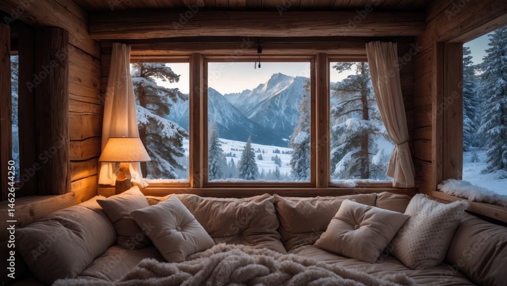 Fototapeta premium Sight from the cozy wooden cabin window towards the snowy mountain landscape.