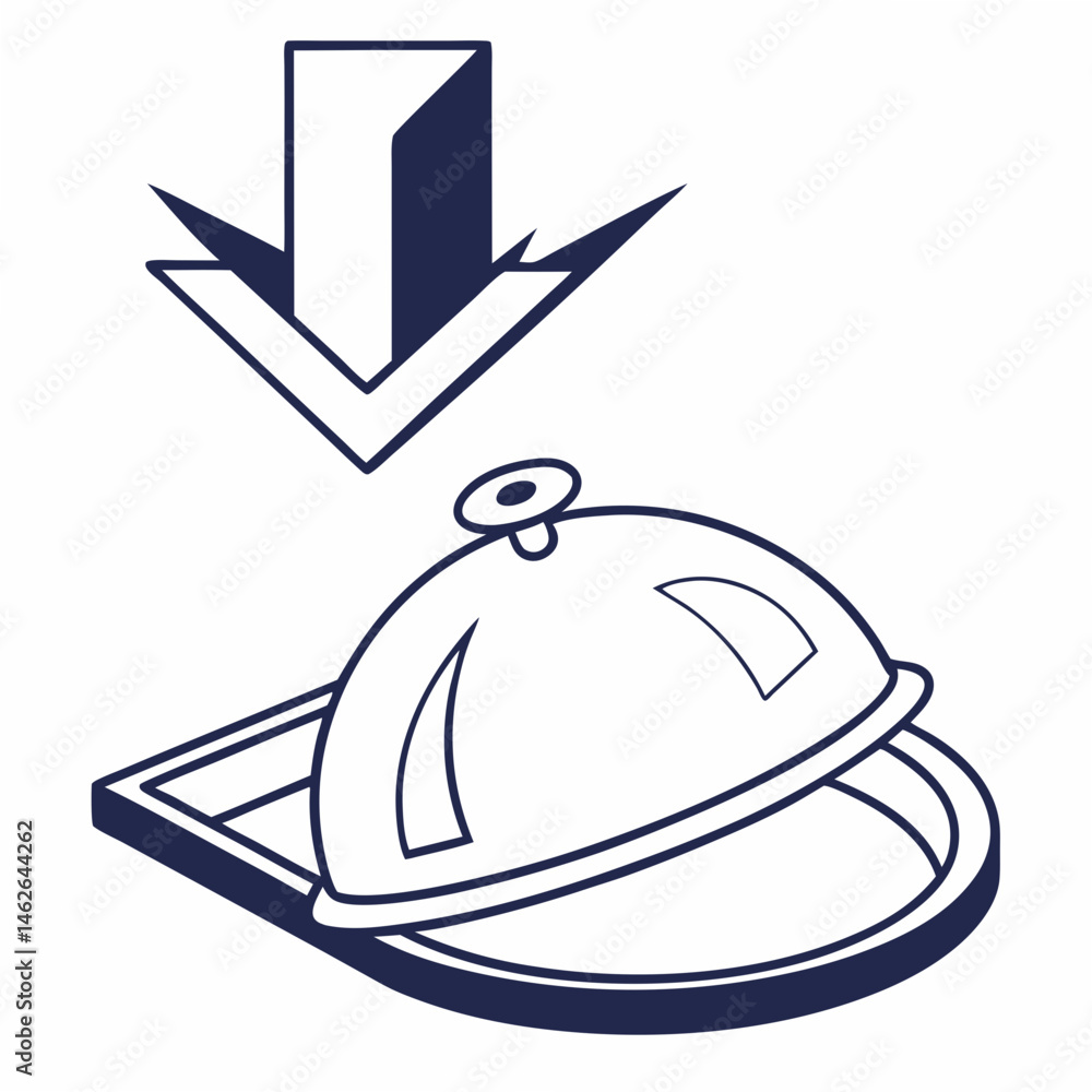Fototapeta premium Food delivery icon featuring a cloche and downward arrow in modern flat design