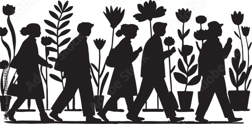 Abstract vector illustration of individuals strolling through nature, representing harmony, diversity, and the beauty of outdoor exploration.