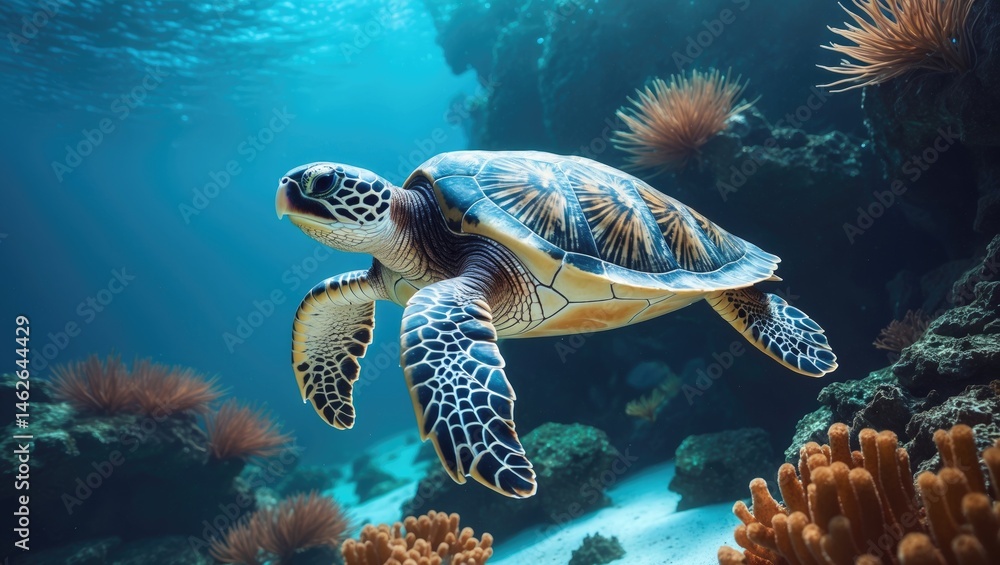 Obraz premium Underwater View of a Sea Turtle in Tropical Reef Waters