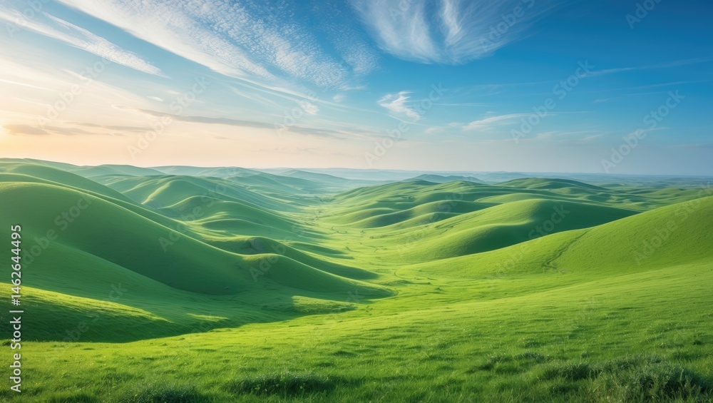 Obraz premium Curvy hills and scenic plains with blue sky and vibrant greenery