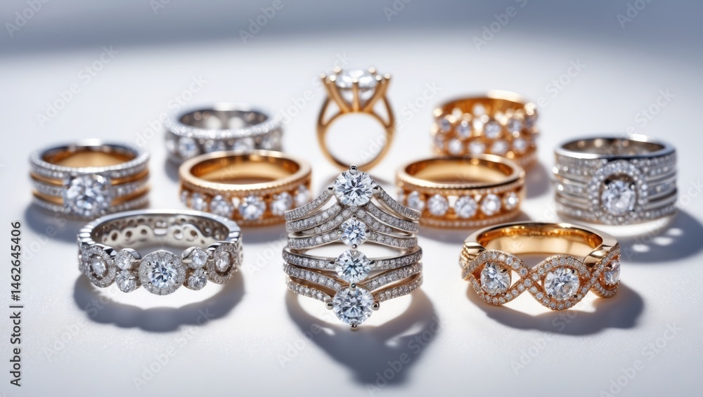 Stacked jewelry rings with diamonds set against a background Stacked jewelry rings with diamonds set against a background